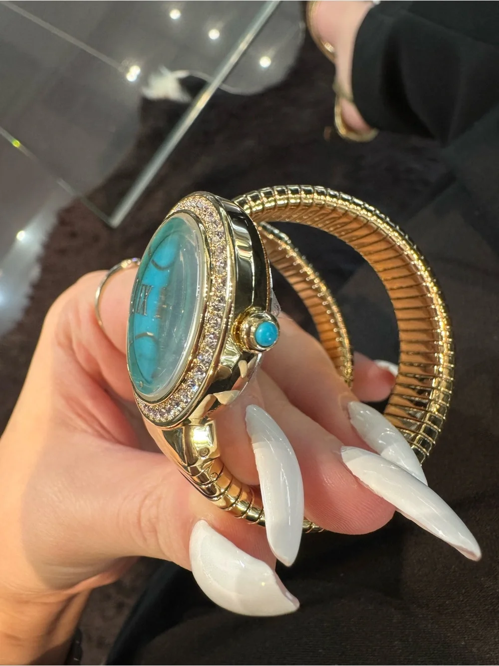 Colleen Lopez Turquoise Gemstone Dial Gold-Tone Coil Wrap Watch